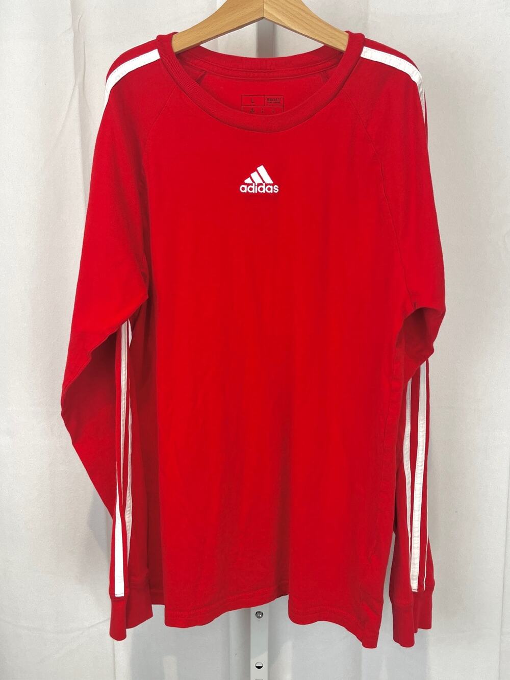 ADIDAS Kids Logo Three Stripe Long Sleeve T Shirt Red White Boys Girls 14 16 L